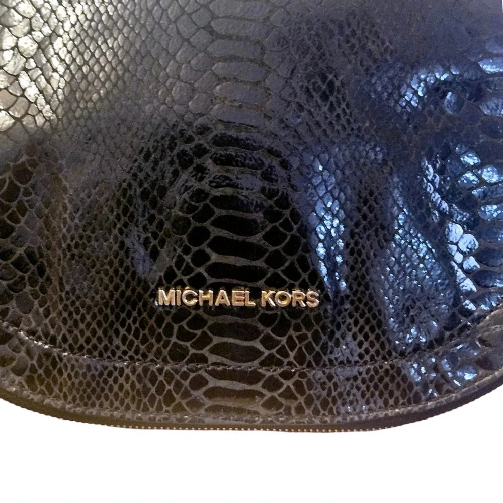 Michael Kors Bedford Black Snake Embossed Leather Crossbody Bag Gold Hardware